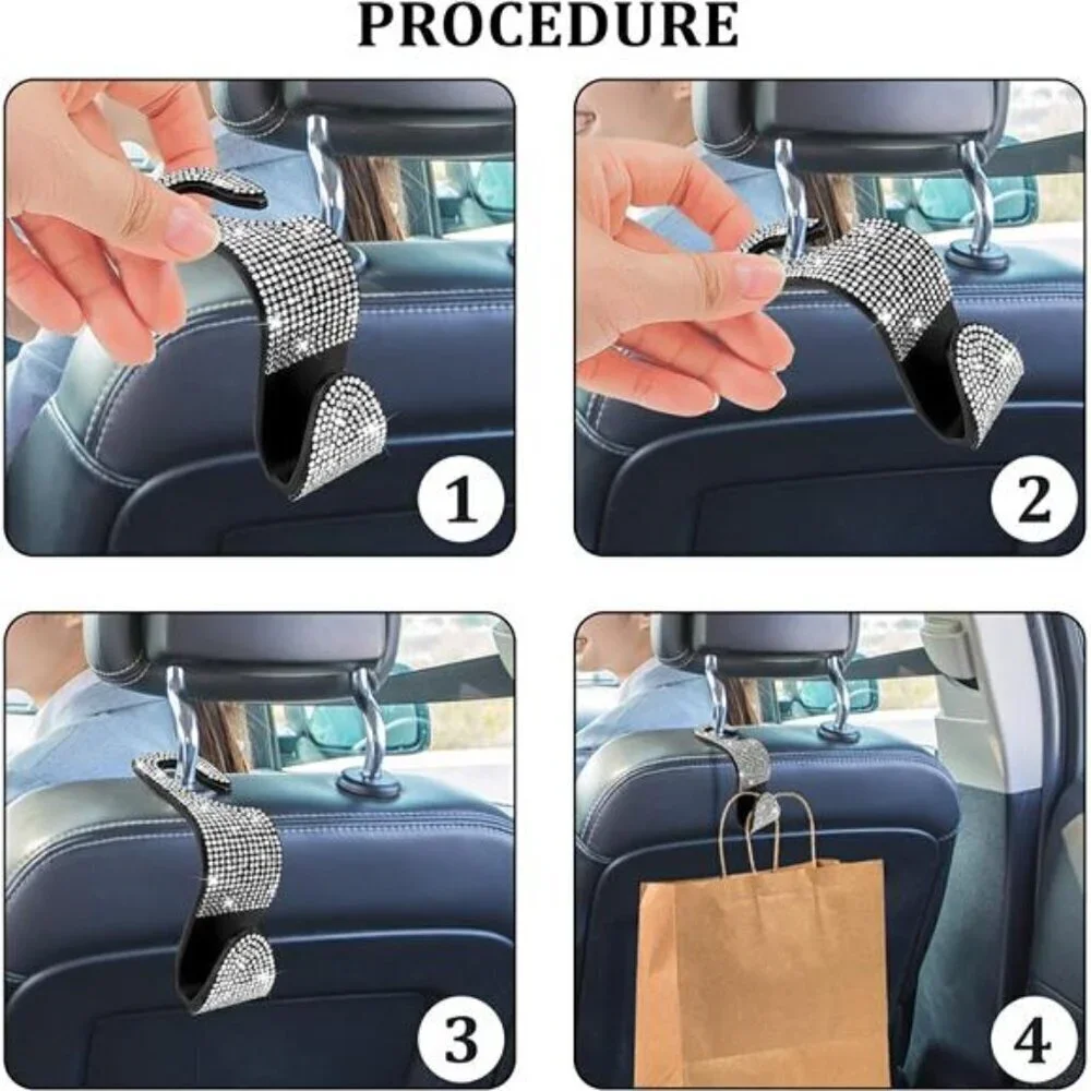 Car Seat Hooks (2 Pack) Bling Rhinestones Crystal Hanger Organizer Universal